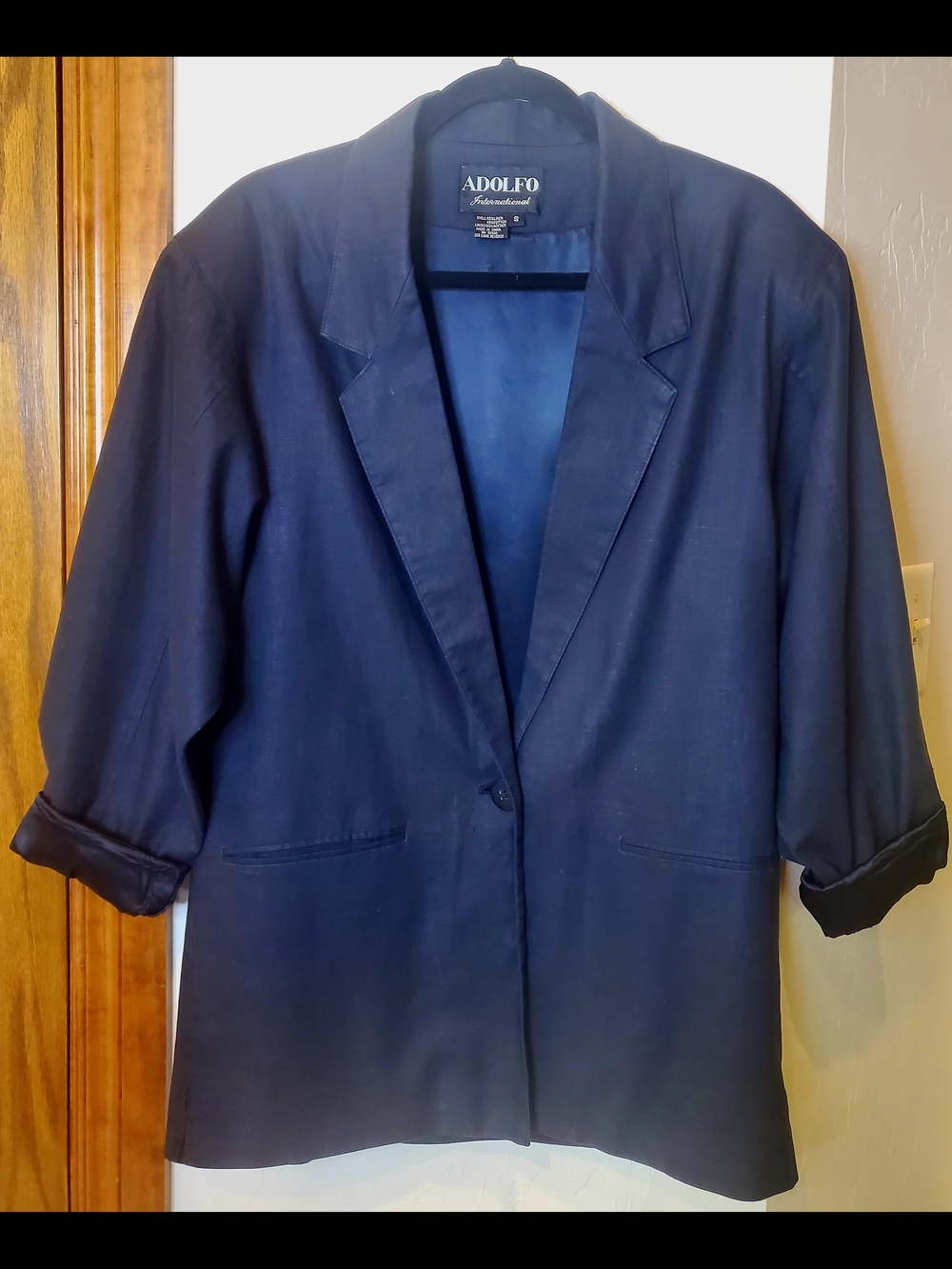 Vtg. 90's Adolfo  Size S Black Satin Lined Linen/Cotton  Single-Button Blazer